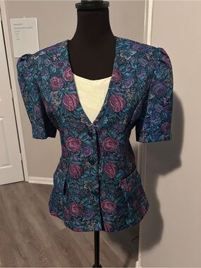Vintage Floral Puff-Sleeve Button Front Top in Teal and Purple floral